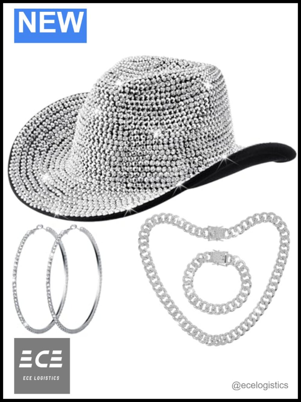 Rhinestone Cowboy Hat Necklace Bracelet Earrings Jewelry Set Western